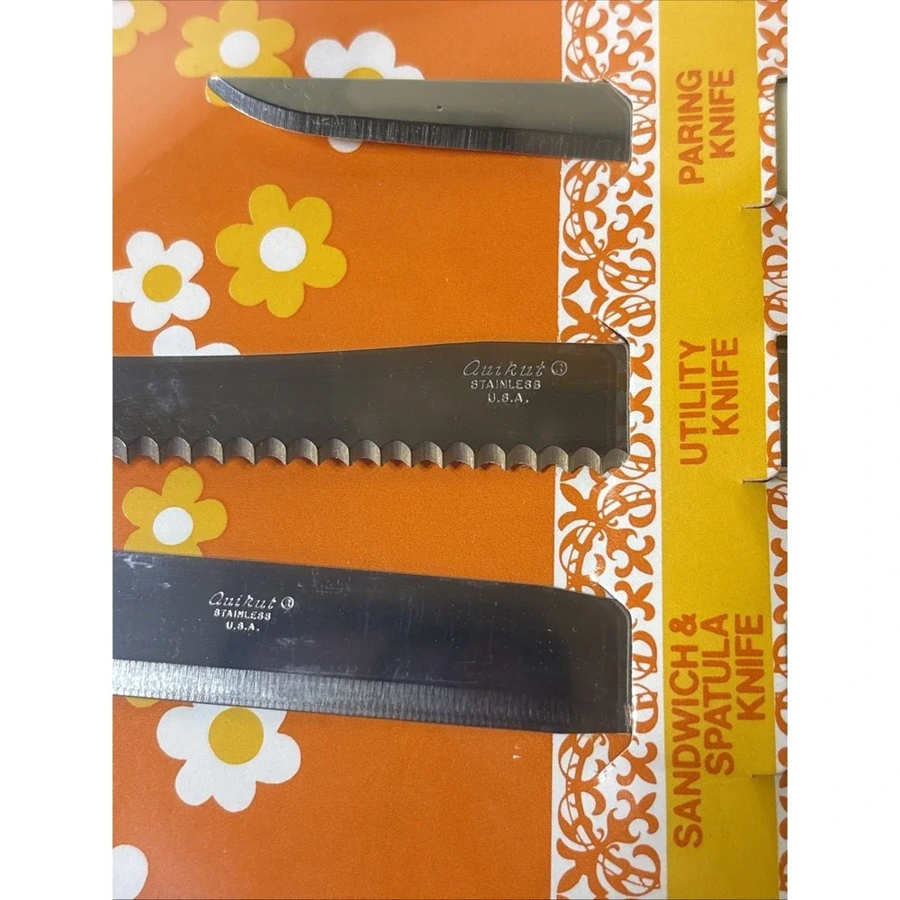 Set 5 Vtg Nos Quikut Mushroom Handle Knives Stainless Steel USA Original Box 70s